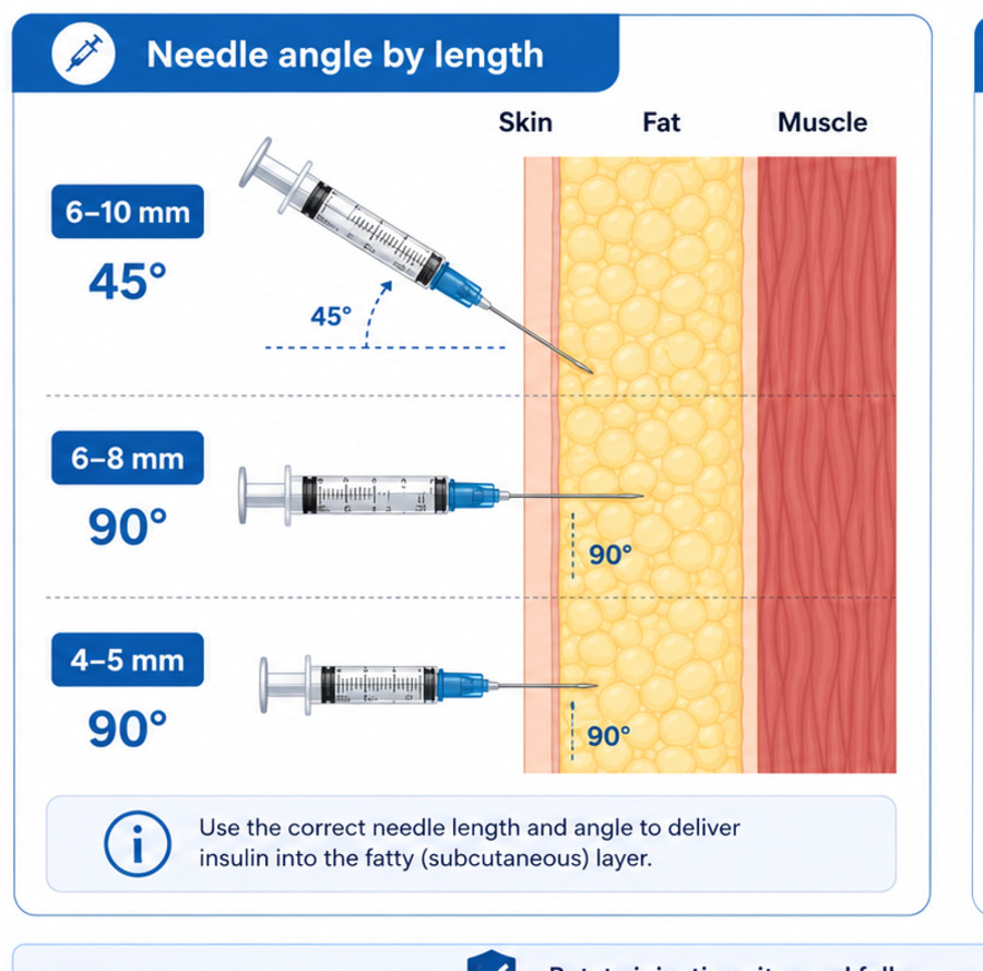 A cross section through skin, fat, and muscle showing three injections. A 6 to 10 mm needle enters at 45 degrees, a 6 to 8 mm needle at 90 degrees, and a 4 to 5 mm needle at 90 degrees. Every tip finishes inside the fat layer, none reach the muscle.