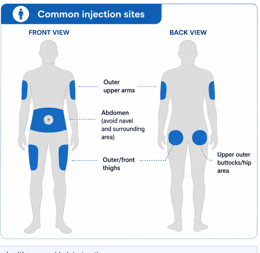 Front and back views of a body with the usable injection areas shaded: outer upper arms, a band across the abdomen that excludes the navel, the outer and front thighs, and the upper outer buttocks and hip.
